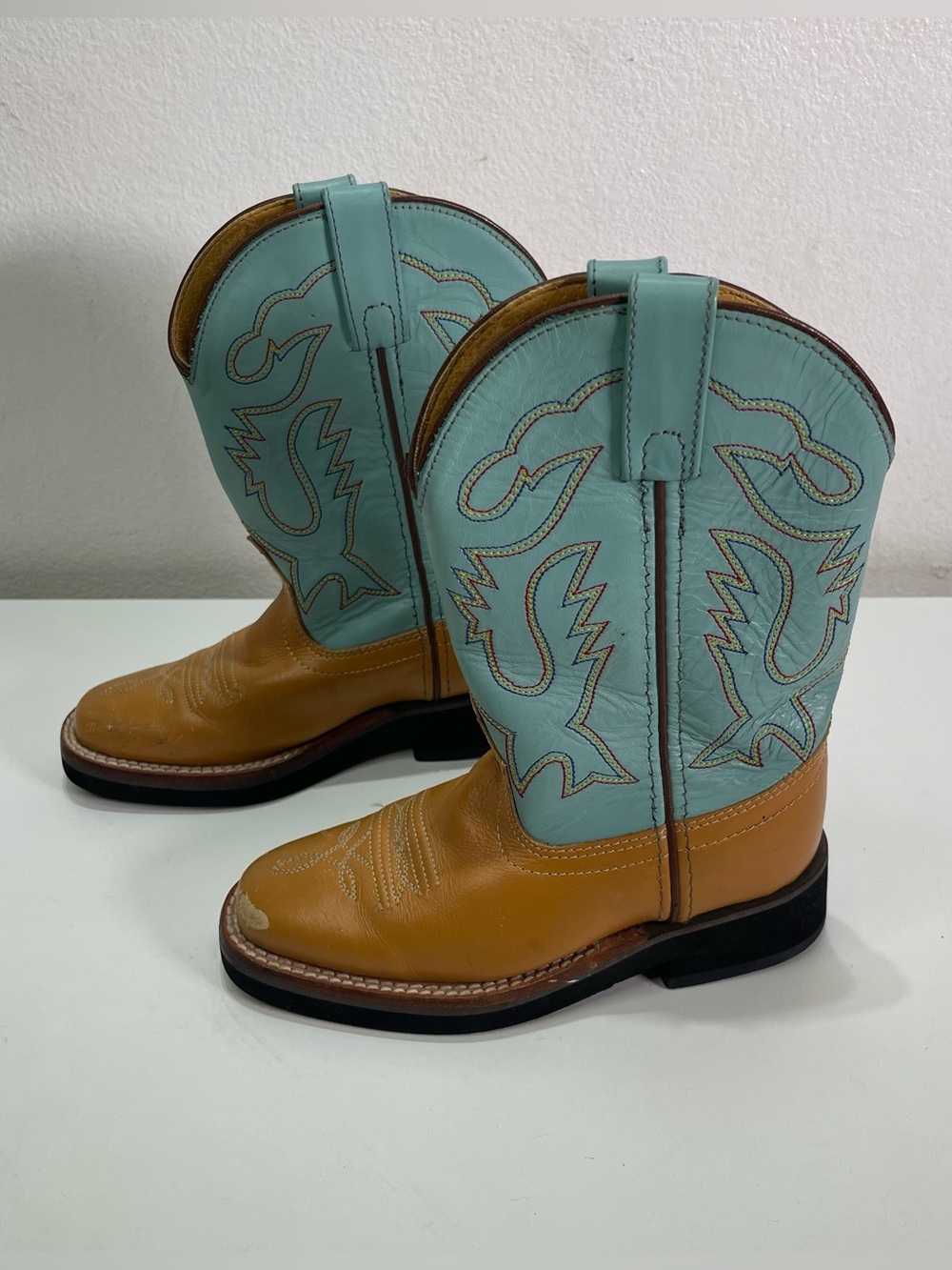 Acme Boots Western Cowboy Leather Youth Kid 12.5 Color block Baby Blue Tan Rodeo